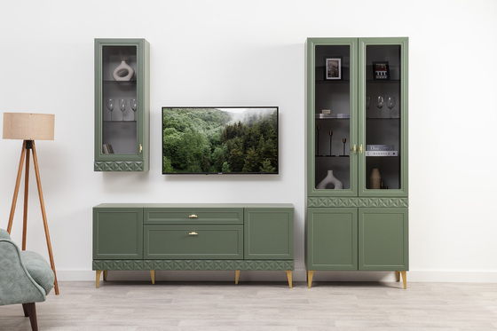 Гостиная Марион композиция 2 дымчатый зеленый K521, олива шагрень AG 1050 ПВХ, белый PE шагрень (собирается на любую сторону)