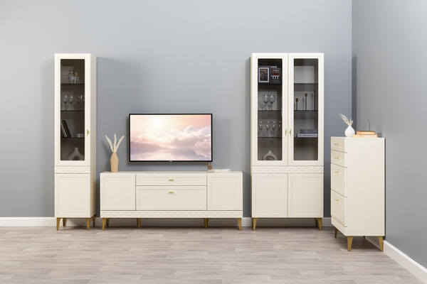 Гостиная Марион композиция 3 слоновая кость С341 PE, слоновая кость 6898 ПВХ, белый PE шагрень (собирается на любую сторону)