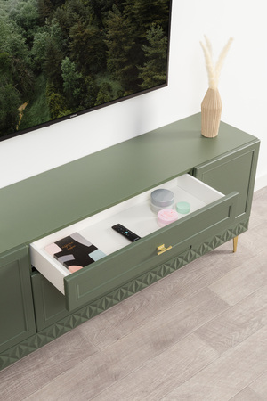 Гостиная Марион композиция 2 дымчатый зеленый K521, олива шагрень AG 1050 ПВХ, белый PE шагрень (собирается на любую сторону)