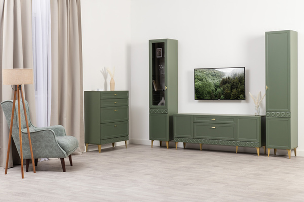 Гостиная Марион композиция 2 дымчатый зеленый K521, олива шагрень AG 1050 ПВХ, белый PE шагрень (собирается на любую сторону)