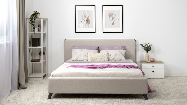 Кровать Миа 160 рогожка светло-бежевый, кант желтовато-коричневый с ортопедическим основанием и подъемным механизмом