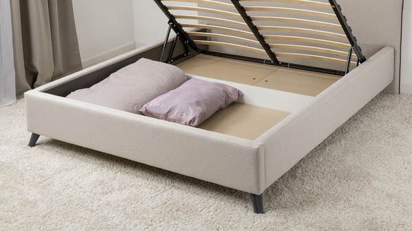 Кровать Миа 160 рогожка светло-бежевый, кант желтовато-коричневый с ортопедическим основанием и подъемным механизмом