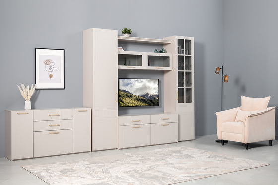 Гостиная Ричфорд композиция 2 без карнизов, кашемир 5981 BS, моно керамика D166-2 ПВХ, белый PE шагрень (собирается на любую сторону)