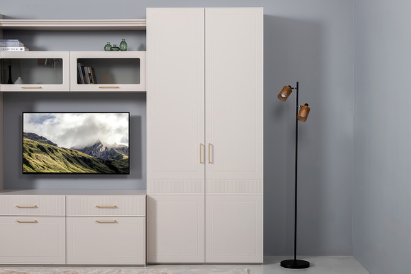 Гостиная Ричфорд композиция 1 без карнизов, кашемир 5981 BS, моно керамика D166-2 ПВХ, белый PE шагрень (собирается на любую сторону)