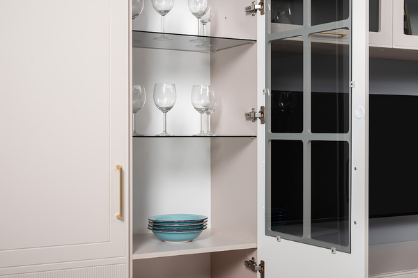 Гостиная Ричфорд композиция 1 без карнизов, кашемир 5981 BS, моно керамика D166-2 ПВХ, белый PE шагрень (собирается на любую сторону)